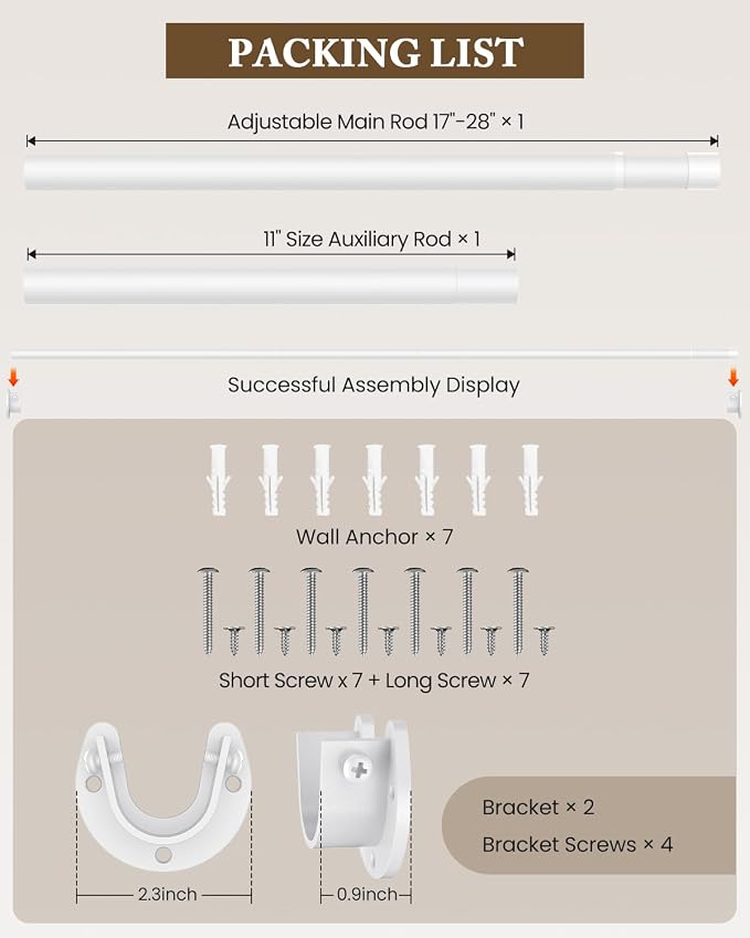 Closet Rod, 17-39 IN Closet Rods for Hanging Clothes, White | Stepless Adjustable, Supports up to 66 lbs, Multiple Size Options, Easy Installation, Multi Purpose, Wall-Mounted