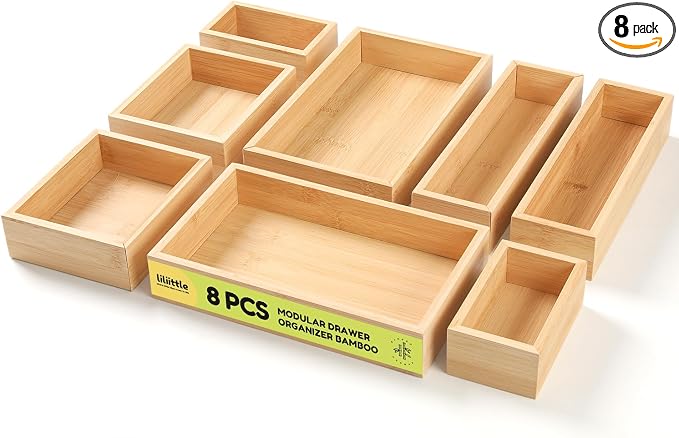 lilLittle Bamboo Drawer Organizer, 8 Pcs Multi Purpose Drawer Organizer Set | Wood Wax Oil Finish, Natural Bamboo, Sturdy, Space Saving, Versatile Storage, Easy to Clean