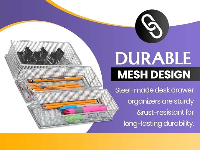 YBM HOME Silver Mesh Drawer Cabinet and or Shelf Organizer Bins, School Supply Holder Office Desktop Organizer Basket (12, 3x9x2 Inch)