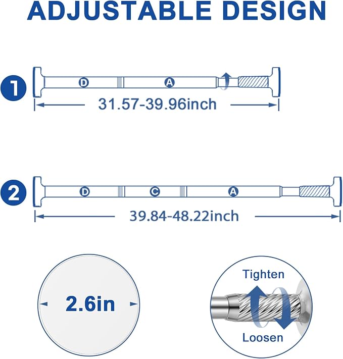 Shower Curtain Rod 32-48Inch Silver Shower Rod Tension Rod Adjustable Curtain Rods no Drilling Curtain Rods for Bathroom,Windows,Closets,Doorway