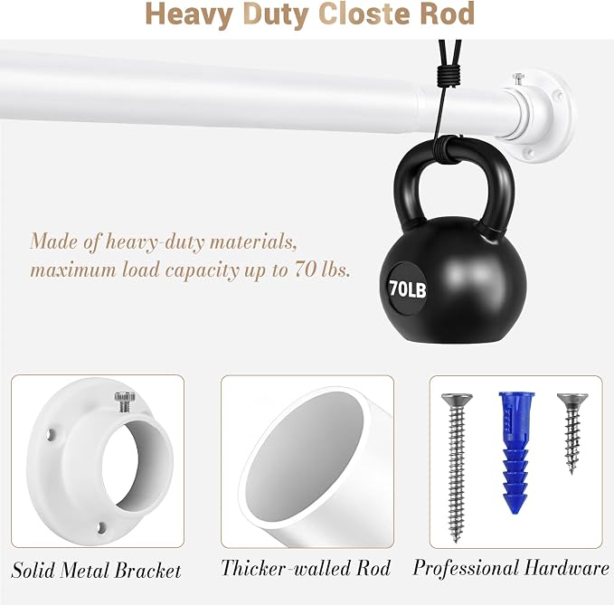 Closet Rod Adjustable 17-28”, Heavy Duty Hanging Clothes Rod, White | 1-1/4” Diameter, Stepless Metal Closet Bar, Wall-Mounted, For Hanging Clothes, Walk-In Closet, Wardrobes, Laundry Room, RV