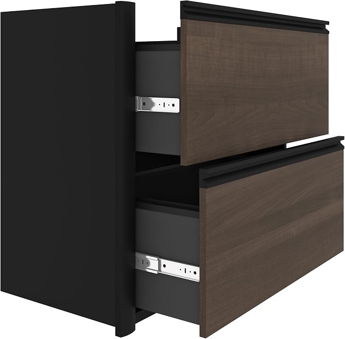 Bestar Connexion 72W U-Shaped Executive Desk with Lateral File Cabinet and Hutch in Antigua & Black | With Lateral File Cabinet and Hutch; with Narrow Desk Shell, Desk Shell, Desk Bridge, Keyboard Tray, CPU Stand; 2 file drawer