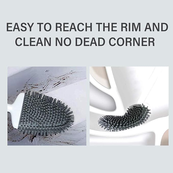 Sellemer Silicone Toilet Brush, Ventilation Slots Holder 2 Pack Pearl White | Flexible Bristles Flat Head for Rim, Hair Tangle-Free, Easy to Clean, Compact Design, Rustproof Handle, for Toilet/Sink/Tub