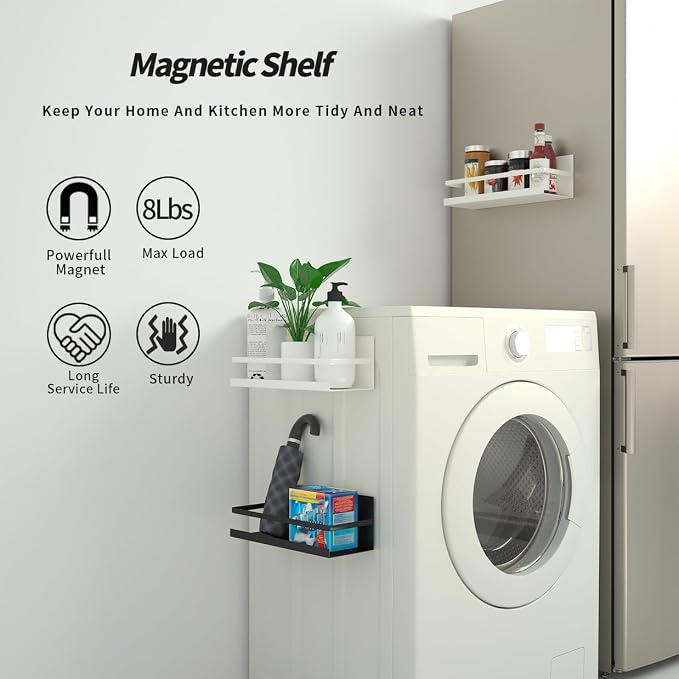 2 Pack Magnetic Spice Rack for Refrigerator,Heave Duty Magnetic Shelf For Kitchen,Magnet Book Shelf For Whiteboard,Space Container,Drill free (White)