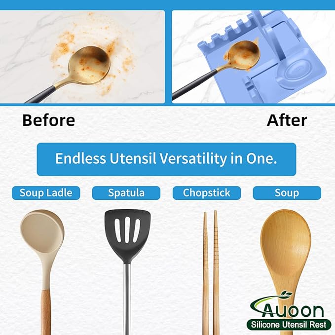 Auoon Silicone Spoon Rest with Lid Holder, 3-in-1 Kitchen Utensil Rest for Soup Ladles, Pot Lids, Spatulas, Spoons, Tongs, BPA Free & Dishwasher Safe, 8.26 x 8.06 Inch (Blue Velvet, Large)