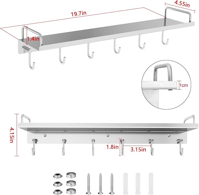 Audmore Kitchen Utensil Rack, 19.7 In Spice Rack with 6 Hooks Wall Mounted | Stainless Steel Over the Stove Shelf, Hanging Storage Wall Shelf for Spatula Spoon, Seasoning Jar Organizer, Rust Resistant