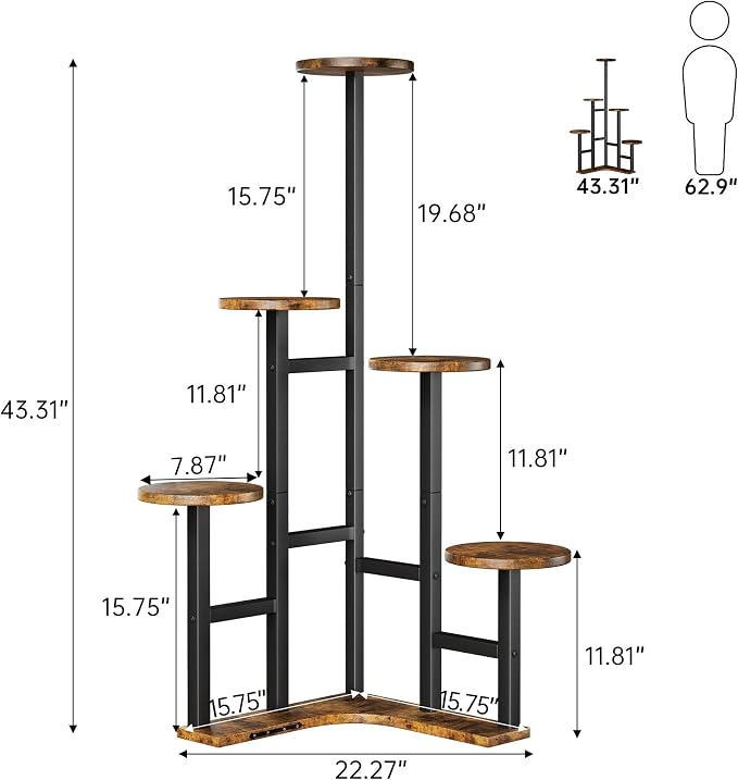 Yzosvki Corner Plant Stand Indoor, 6 Tiered Corner Plant Shelf Flower Stand for Multiple Plants, Plant Shelves Organizer Rack for Living Room, Balcony, Patio, Garden, Round Rustic Brown