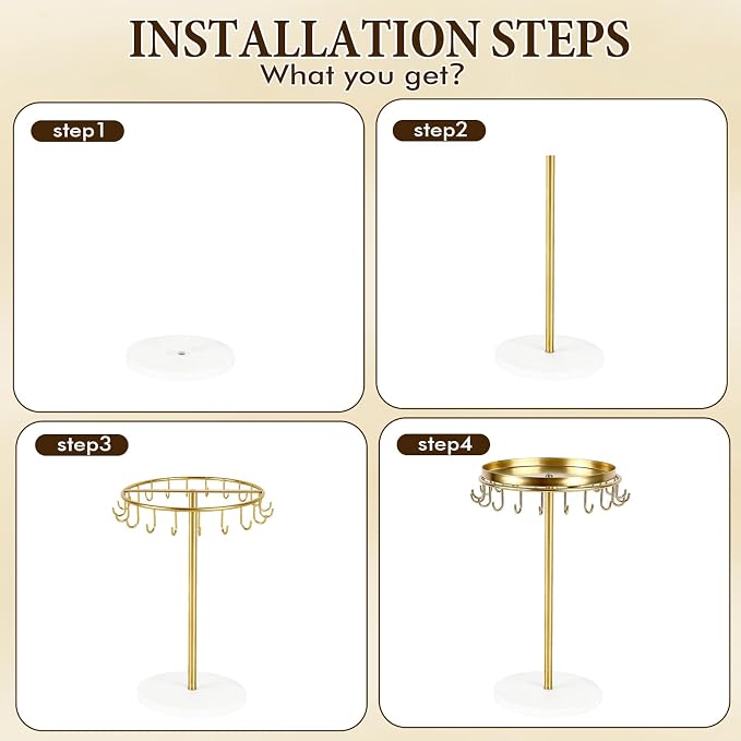 Necklace Holder Metal Jewelry Organizer Stand, Necklace Organizer Hanger with Tray & Hooks for Desk, Jewelry Holder for Necklaces Bracelets and Keychains, Elegant Home Hanging Decor - Gold