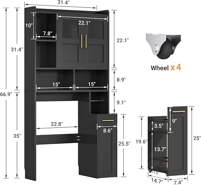 ELYKEN Over The Toilet Storage Cabinet with Pulley Bathroom Storage Cabinet, Home Space-Saving Over Toilet Rack with Glass Doors & Adjustable Open Shelf for Bathroom, Restroom, Laundry,Black