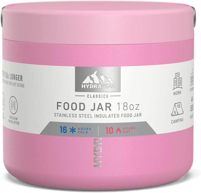 Hydrapeak 18oz Stainless Steel Vacuum Insulated Food Jar for Hot Food and Cold Food, Wide Mouth Leak-Proof Soup for Adults, 10 Hours Hot and 16 Hours Cold (Bubblegum)
