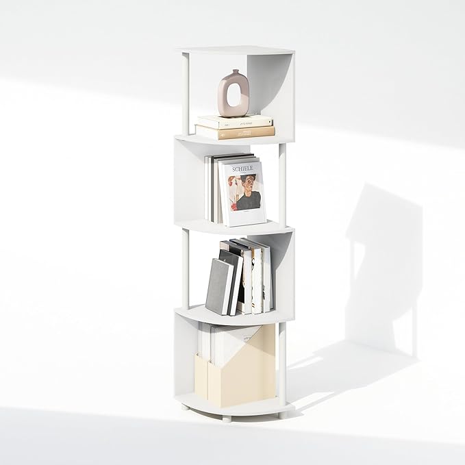Furinno Basic Book Shelf, 4-Tier Bookshelf, Bookcase with Zigzag Corner Shelf, 14.2 x 14.2 x 57.7, for Living Room, Bedroom, Home Office, White/White