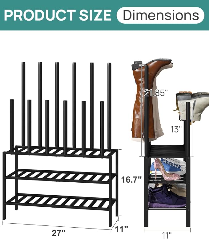 viewcare Black Boot Rack, Boot Rack Organizer Tall Boots with Shoe Rack for Closet, Bamboo Wood Shoe Shelf Storage Organizer for Entryway Small Space