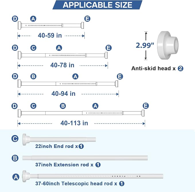 Long Tension Curtain Rod 40-113inch White Shower Curtain Rods no Drilling Adjustable Tension Rod for Windows,Shower,Patio,Doorway,Heavy Duty Spring Rods Diameter 1.26inch