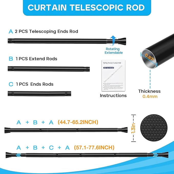 Black Shower Curtain Rod 40-73 inch Black Shower Rod Tension Curtain Rod No Drilling Shower Curtain Rods Spring Tension Shower Rods for Bathroom