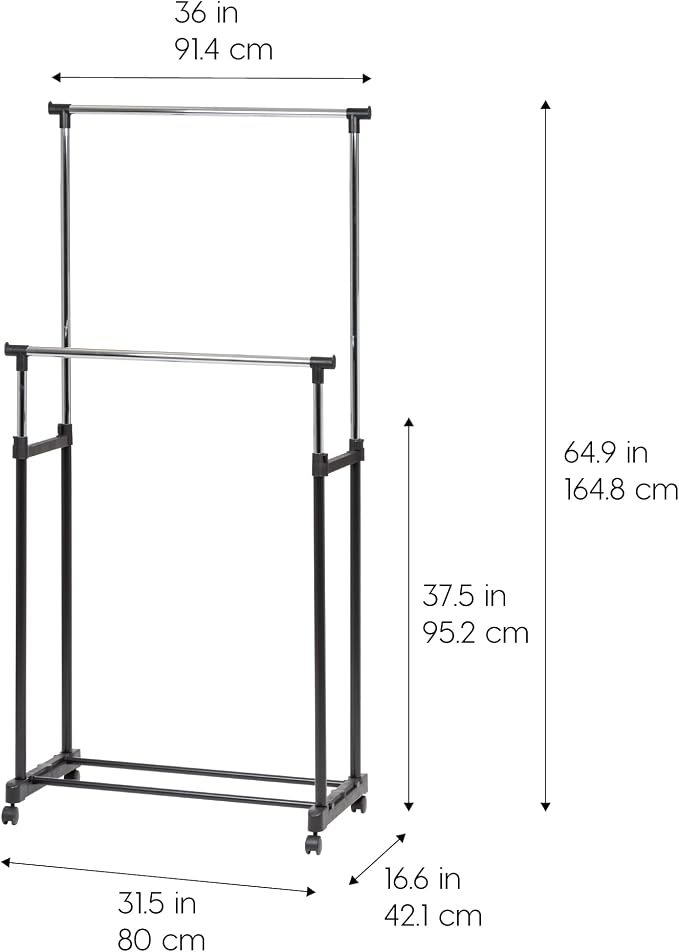 IRIS USA Double Rod Rolling Clothes Rack, Height Adjustable, Black | Adjustable hanging space for garments, accessories, and storage needs with smooth mobility
