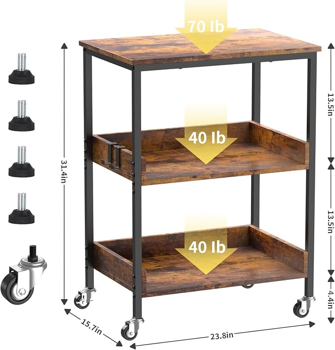 ASTARTH 3-Tier Rolling Kitchen Microwave Cart | Microwave Stand with Wheels, Small Kitchen Storage Island, Living Room Coffee Bar Cart, Rustic Brown