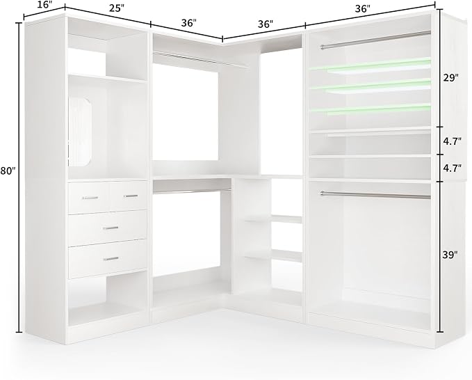 Unikito 97" Modular Closet Organizer System, Wood Wardrobe with 4 Hanging Rods, Corner Closet Unit with Mirror and Drawers, Customizable Walk-In Closet Organizer, White