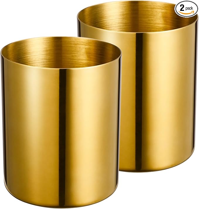 Golden 304 Stainless Steel Pen Holder & Pencil Cup, Metal Desk Caddy & Desktop Stationery Organizer, Mirror Finish & Vacuum Plating(2-Piece Set)