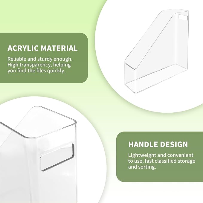 2 Pcs Acrylic Magazine File Holder Clear Plastic Magazine Holder with Handle, Slim Vertical Magazine Storage Organizer Binder Organizer for Desk
