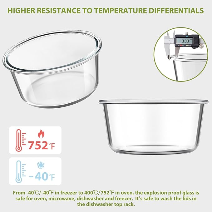 25oz Glass Meal Prep Containers for Food Storage with Airtight Lids, 4 PACK | Leakproof丨Air Vent Lid丨Borosilicate Glass丨BPA-Free丨Soup Lunch Leftovers丨Microwave Oven Dishwasher&Freezer Safe丨Round