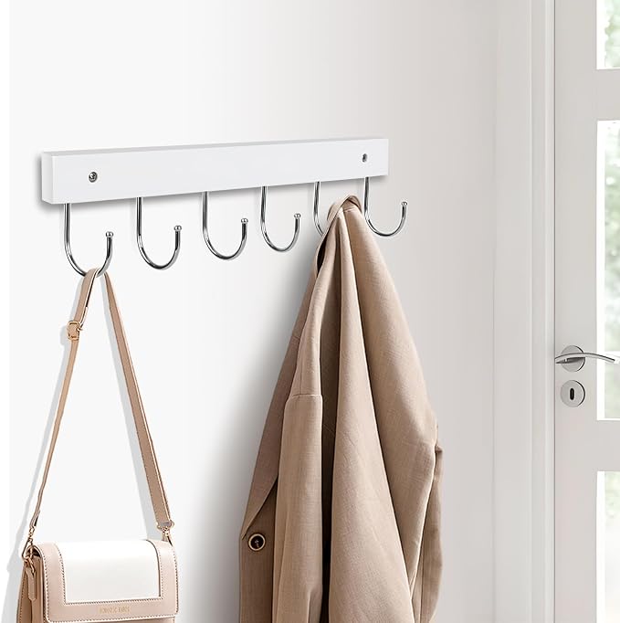 2 Pack Coat Rack Wall Mount with 12 Rotating 180° Coat Hooks, 14.6" Rustproof Wooden Entryway Organizer, Wall Hooks for Hanging Coats, Purse, Hats, Jackets, Towels, Space Saving Hanger (White)