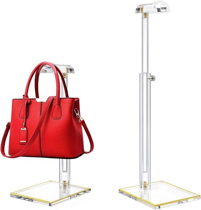 2Pcs Purse Display Stands, Height Adjustable10"-16"+14"-24", Acrylic Handbag Stands for Display, Clear Holder for Purse Evening Bag Clutch, Bag Table Rack, Purses Hanging Organizer for Closet Retail Vendor