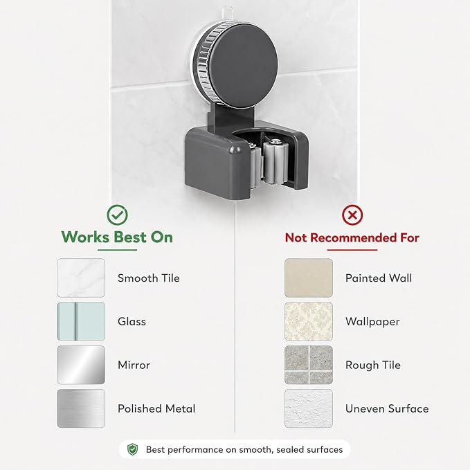 Suction Cup Mop and Broom Holder Wall Mount, 2 Pack No Drill Rotating Mop Gripper and Broom Hanger, Single Slot Cleaning Tool Holders for Bathroom, Kitchen, Laundry Room, Gray