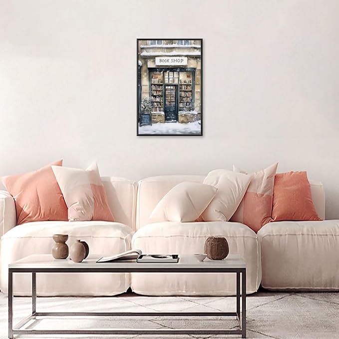 Winter Snowy Bookshop Art Aesthetic Poster Canvas Wall Art Decoration Living Room Home Decor Bedroom Decoration Poster black framed24x36inch
