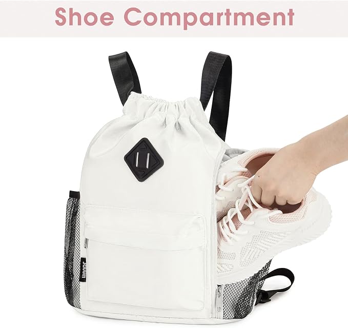 WANDF Drawstring Backpack with Shoe Compartment, Sports Gym Bag | Multi-Pocket Storage, Water-Resistant Fabric, Cinch String Bag
