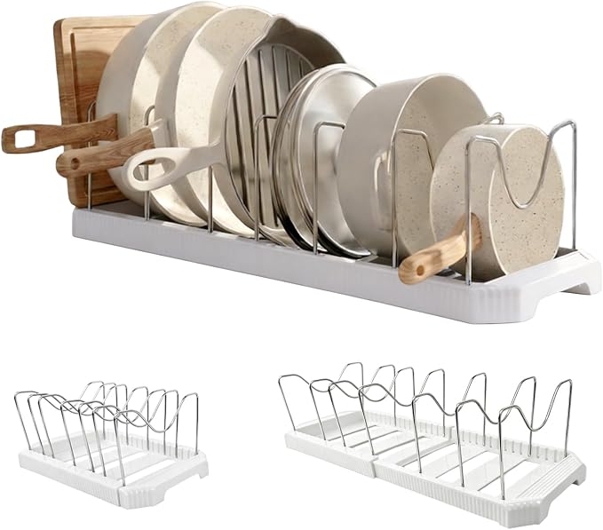 A Pots and Pans Organizer Rack for Under Cabinet, Expandable 12.99''-22.05'' Pot Lid Holder with 7 Adjustable Dividers, Space-Saving Storage for Renters, Small Homes&Cooks (White)
