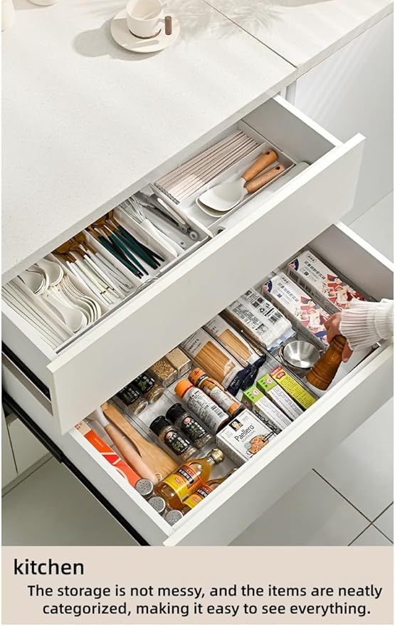 9 Compartments 4-Way Expansion Drawer Storage Box - Removable Divider for Space Saving and Organization for Cosmetics, Kitchen Utensils and Office Desk Essentials