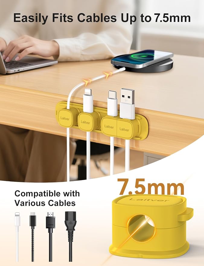 6 Pack Magnetic Cable Clips [1s Open/Lock], Cord Organizer Holder | Strong Adhesive Desk Cable Management- Organize Charging Cords Neatly for Home, Office, Car,Desk, Nightstand-Yellow
