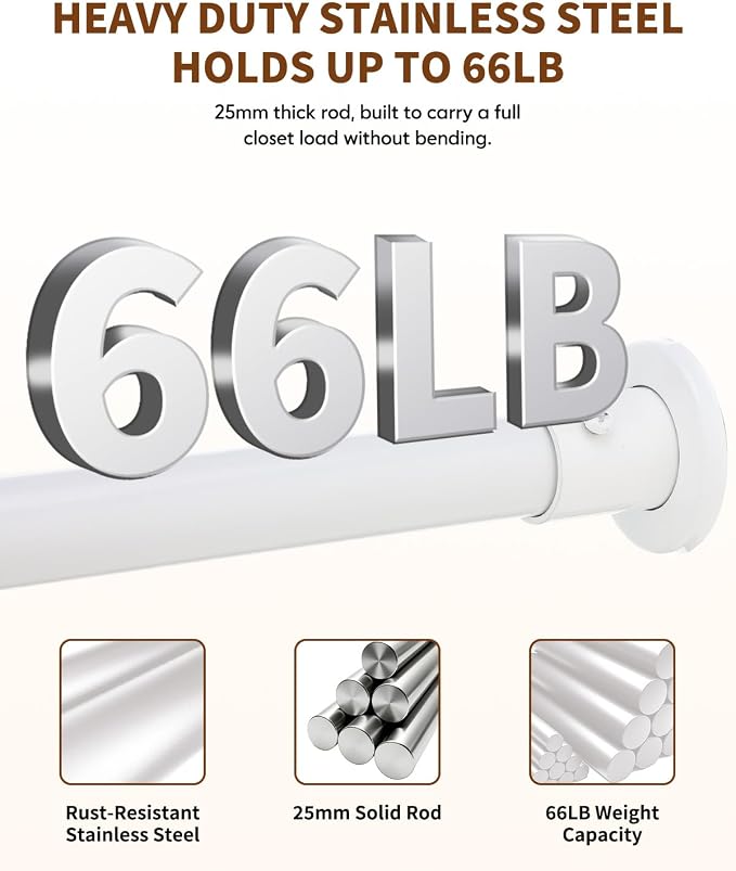Closet Rods for Hanging Clothes, 18” to 48” Adjustable Closet Rod, Heavy Duty Closet Rod with Stainless Steel, Hanging Closet Rod for Laundry Rooms, RVs, Wardrobes, White