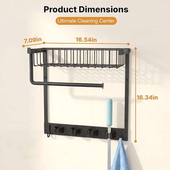 Broom Holder Wall Mount, Broom and Mop Organizer Wall Hanging with Paper Towel Holder & Removable Anti-fall Basket, Wall Mount Cleaning Supplies Organizer for Laundry Room, Apartment, Utility Room