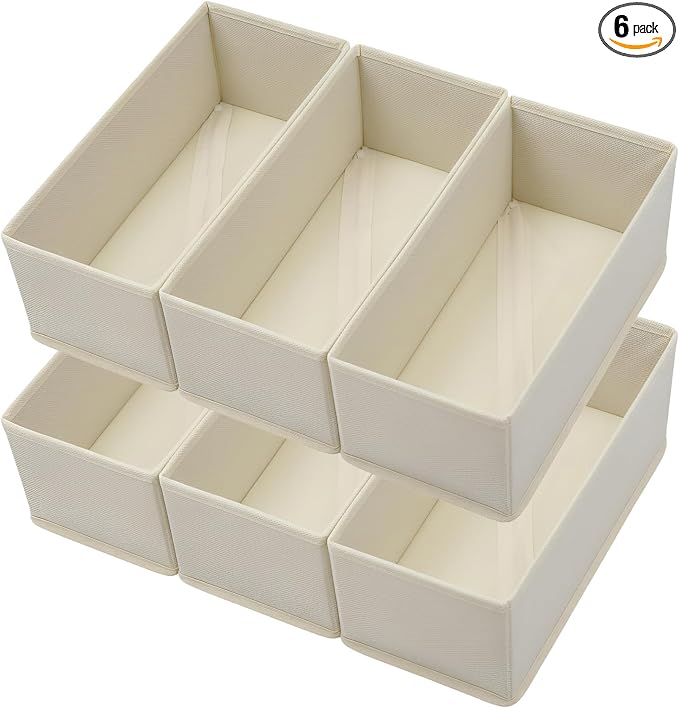 Bructhun Sock Drawer Organizer 6 Pack - Collapsible Fabric Storage Bins for Underwear Divider, Small Closet Organizers with 6 Compartments, Beige