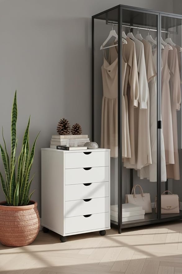 Naomi Home 5-Drawer Rolling Chest, White, Smart Storage with Metal Slide Glides & Smooth Wheels, Compact Space-Saver, Easy Assembly, Durable Engineered Wood