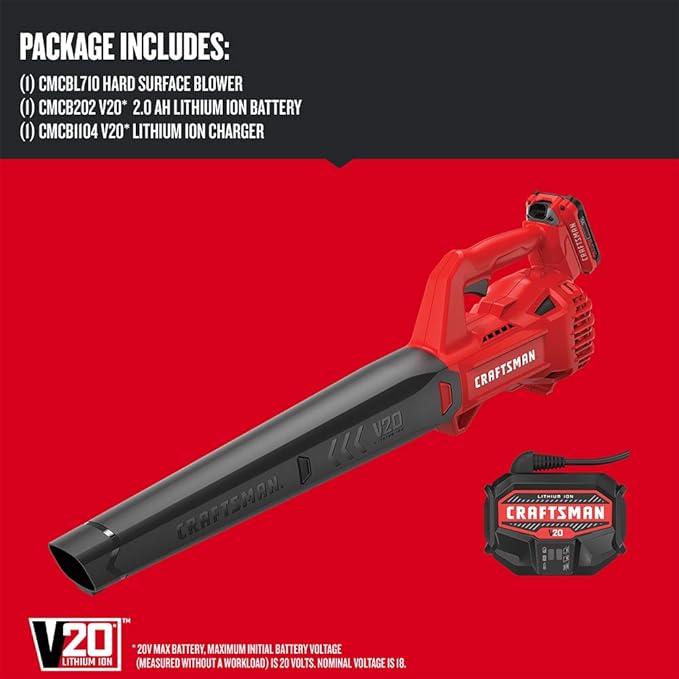 CRAFTSMAN 20V MAX Cordless Leaf Blower with Battery and Charger, Hard Surface Electric Leaf Blower,Powerful up to 90 MPH, Red (CMCBL710D1)