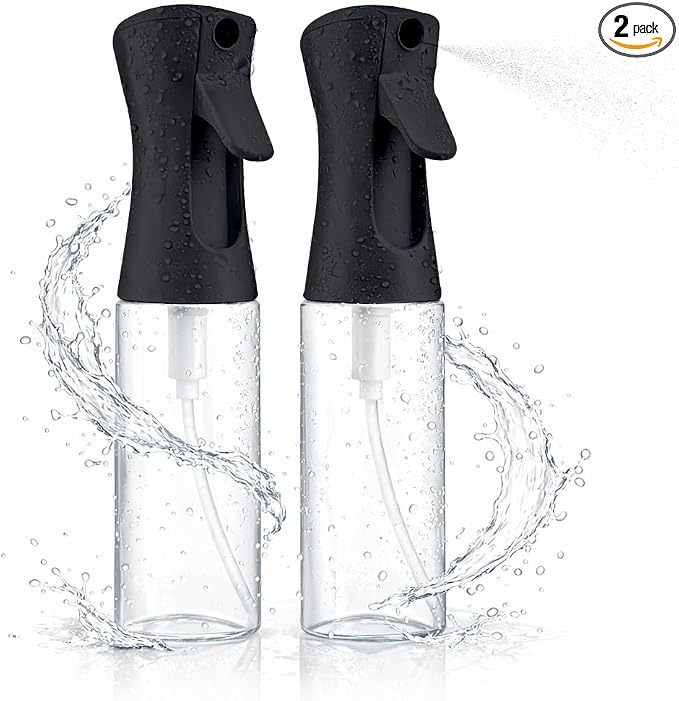 2 Pack Spray Bottles for Hair - Continuous Water Mister Spray Bottles with Ultra Fine Mist Spray for Hairstyling, Barbers, Salons, Skin Care, Cleaning, Plants, Pets (Ebony, 10.1 oz)