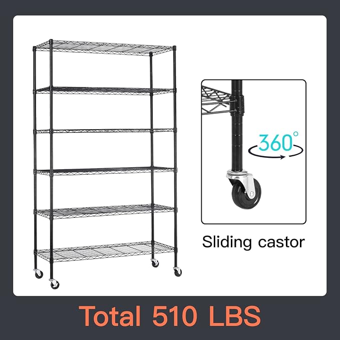 BestOffice Commercial Wire Shelving Unit Metal Shelf Casters Adjustable Layer Rack Strong Steel for Restaurant Garage Pantry Kitchen Garage (45×18×82, Black)