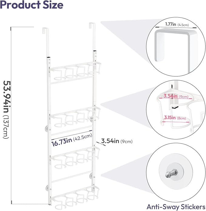 SWTYMIKI 4-Tier Water Bottle Organizer – Over the Door Stanley Cup Holder, Cup Organizer for Door or Wall Mount Option, Stanley Accessories for Pantry, Dorm, Office, RV Use, White