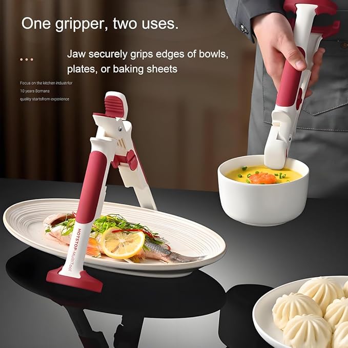 Dual-Jaw Heat-Resistant Kitchen Gripper - Anti-Scalding Clip Silicone Tongs for Hot Dish Plates, Bowls & Steamers | Non-Slip Handle with Compact Storage (1Pack 9.5” Kitchen Tool)