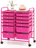 DREAMADE Rolling Cart with Storage Drawers, Utility Cart with Removable Plastic Drawers, Lockable Wheels, Art Cart for Classroom Organization Art Supplies Office Scrapbook (12 Drawers, Hot Pink)