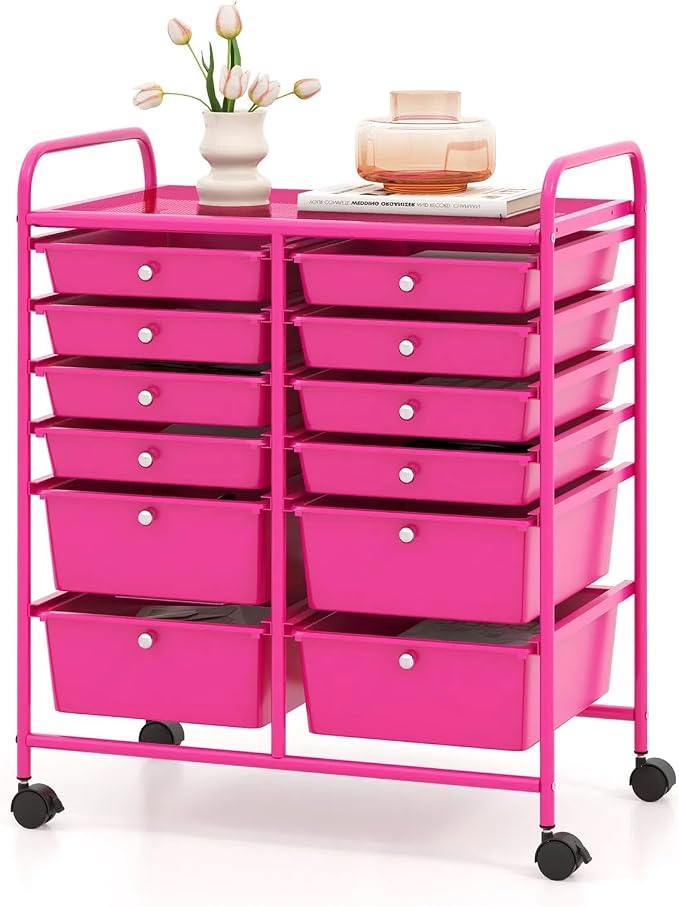 DREAMADE Rolling Cart with Storage Drawers, Utility Cart with Removable Plastic Drawers, Lockable Wheels, Art Cart for Classroom Organization Art Supplies Office Scrapbook (12 Drawers, Hot Pink)