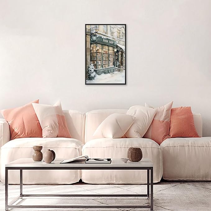 Winter Book Shop New York Book Lover Art Aesthetic Poster Canvas Wall Art Decoration Living Room Home Decor Bedroom Decoration Poster black framed8x12inch