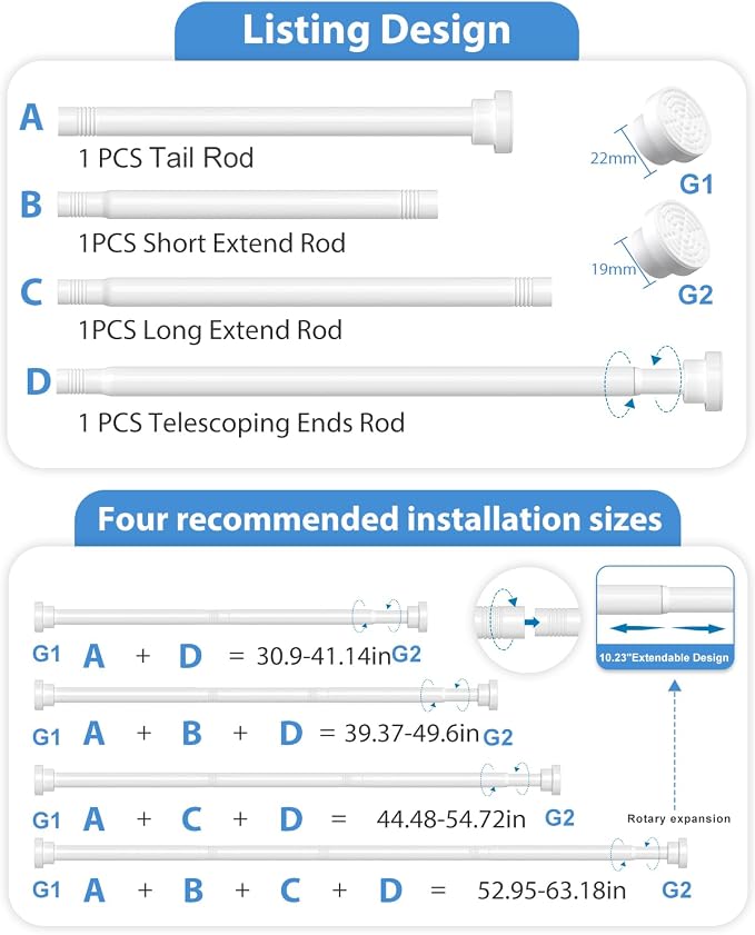 Spring Tension Curtain Rod 30 to 63Inch, White Tension Rod Adjustable Curtain Rods No Drilling Expandable Pressure Curtain Rod Tension Rods for Windows,Doorway,Bathroom,Closet
