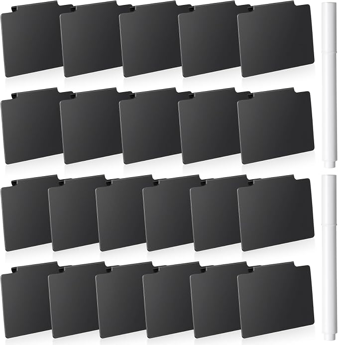 Chinco 24 Pcs Basket Label Clips Set Include 30 Removable Kitchen Clip Label Holder PVC Storage Bin with 2 Chalk Markers for Basket Kitchen Pantry Organization (Black Clip,White Pen)