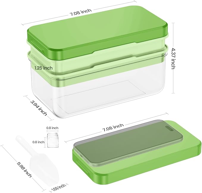 0.8“ Ice Cube Tray with Lid and Bin, PHINOX 56 Cubes Ice Trays for Freezer, Ice Cube Trays for Freezer with 2 trays, Container, Lid & Ice Scoop, BPA Free, Green(28Cubes/Tier)