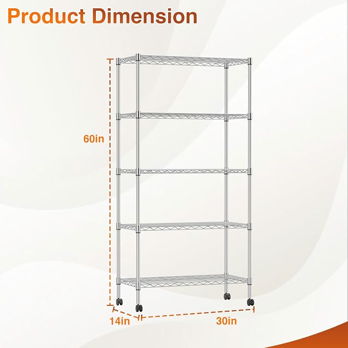BestOffice | 5-Tier Wire Storage Shelves with Wheels | 14x30x60 | Chrome | Adjustable Racks | Heavy-Duty Metal Shelf, Holds Upto 220 lbs | No-Tool Assembly | Ideal for Home & Garage Shelving