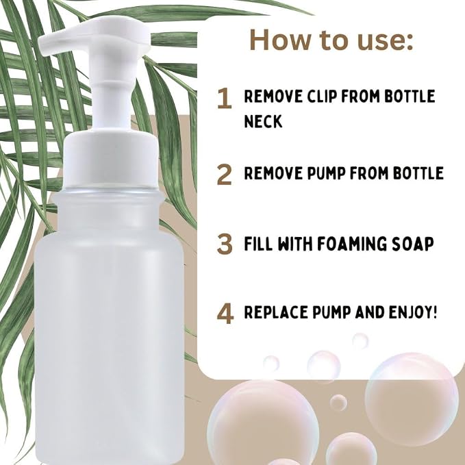 14 oz Plastic Foaming Soap Bottle Dispenser (Clear/White) | frosted finish, wide opening, easy refills, for foam soap, thick plastic