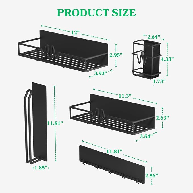 Ofiray-home 5-Pack Magnetic Spice Rack for Refrigerator, Black | Heavy Duty Magnetic Shelf, Paper Towel Holder Included, Utensils Racks & Hook Rail, Home Kitchen Laundry Room RV Storage
